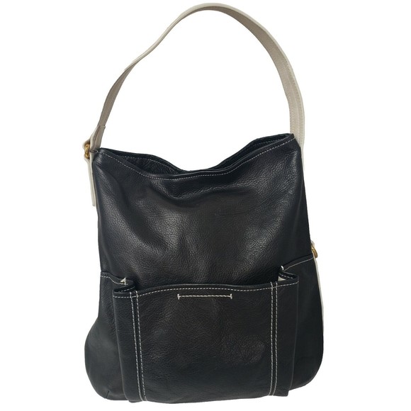 Alco Handbags - Alco Soft Leather Handbag Rowan Hobo Black Leather Ivory Trim Magnet Closer